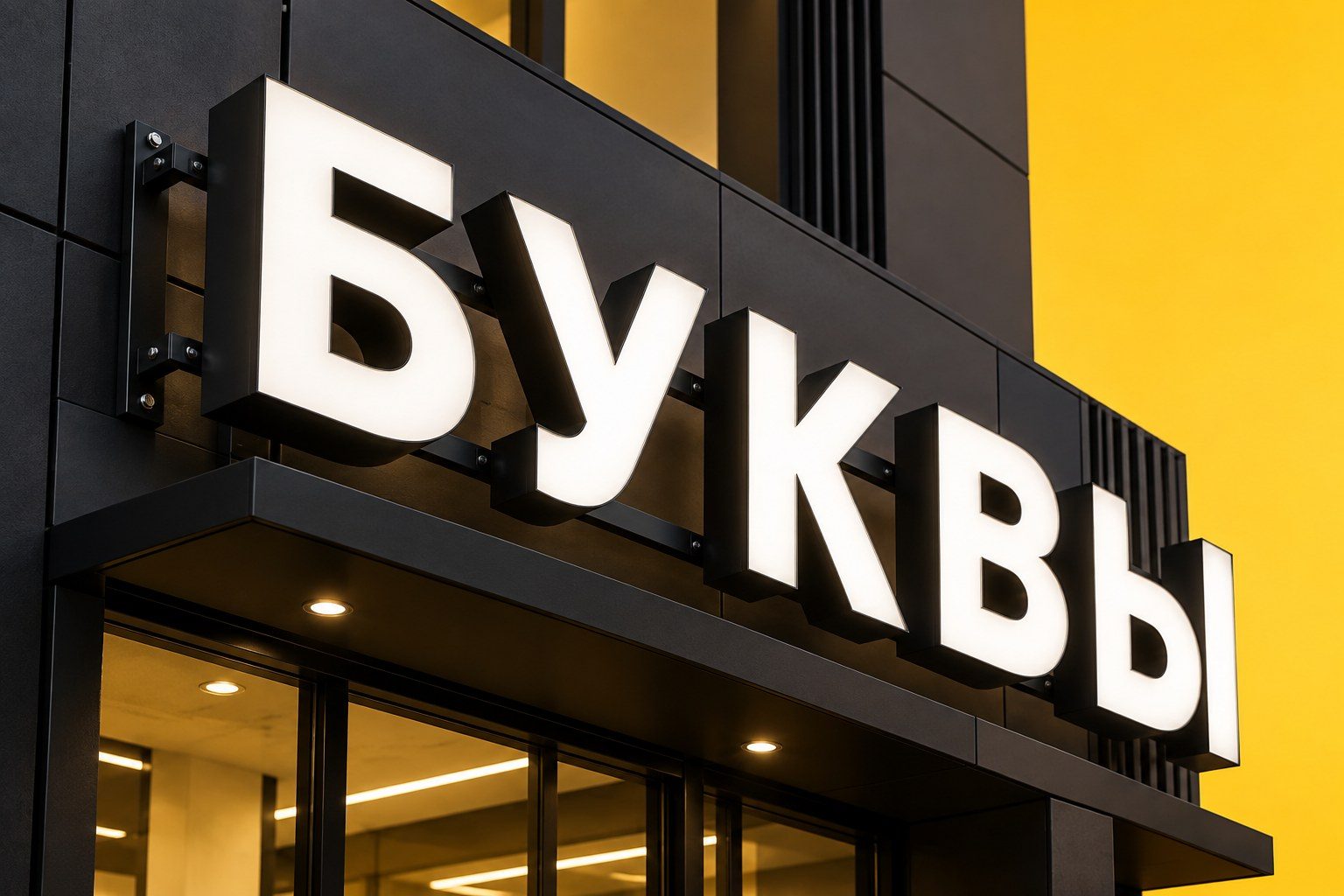 Объёмные световые буквы «БУКВЫ» с белым лицом и чёрными бортами на фасаде
