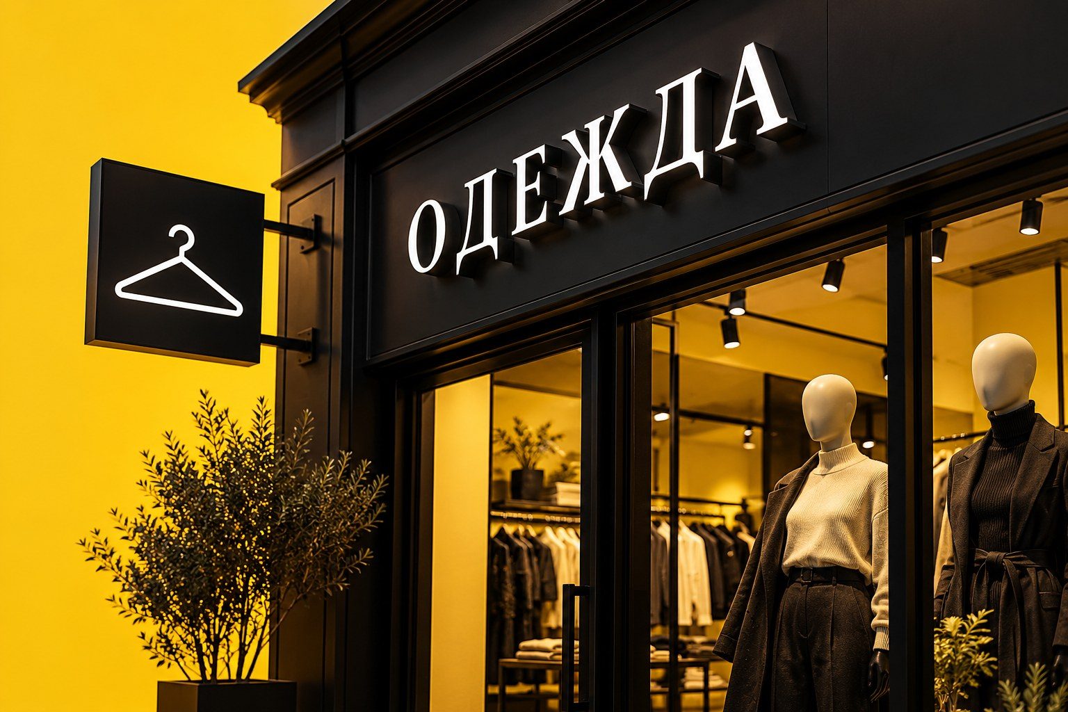 Вывеска «ОДЕЖДА» и чёрный панель-кронштейн с белой пиктограммой вешалки у витрины