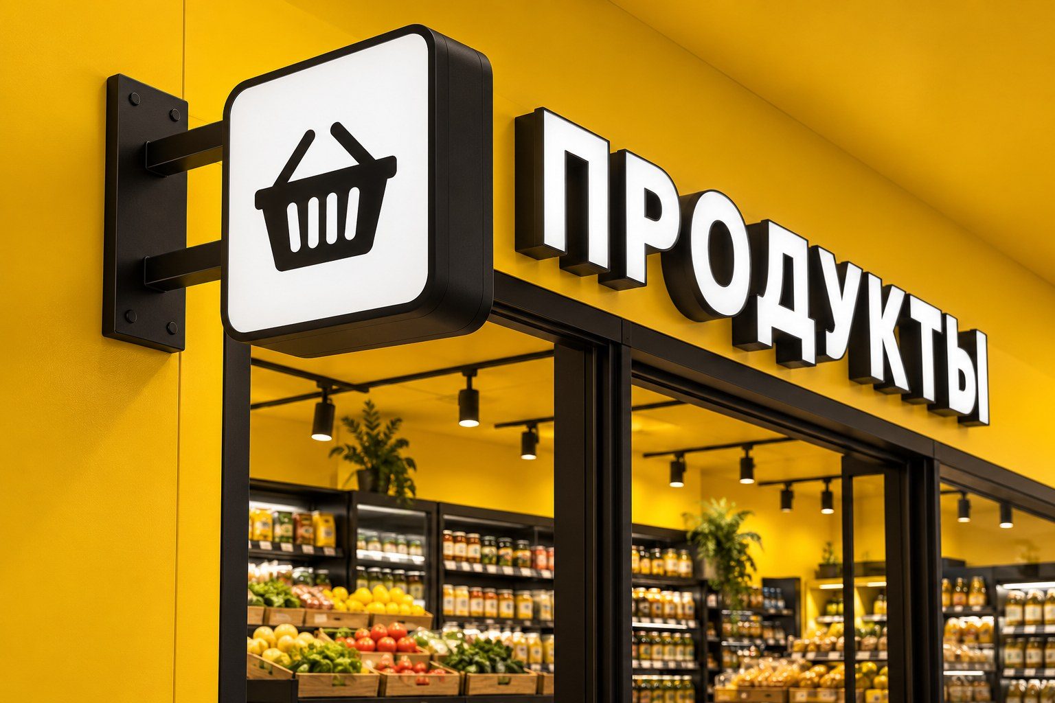 Световая консоль с пиктограммой продуктовой корзины рядом с вывеской «ПРОДУКТЫ»