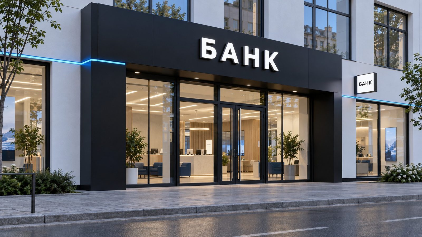 Белая стена, чёрный портал условного банка, небольшие световые буквы и голубая линия на фасаде