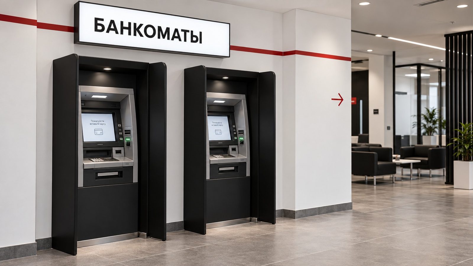 Зона двух банкоматов в чёрных нишах, белая лицевая панель указателя и тонкий красный навигационный акцент