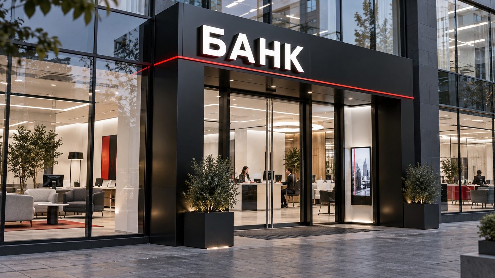 Стеклянная входная группа условного банка, чёрный портал, белые объёмные буквы и тонкая красная линия