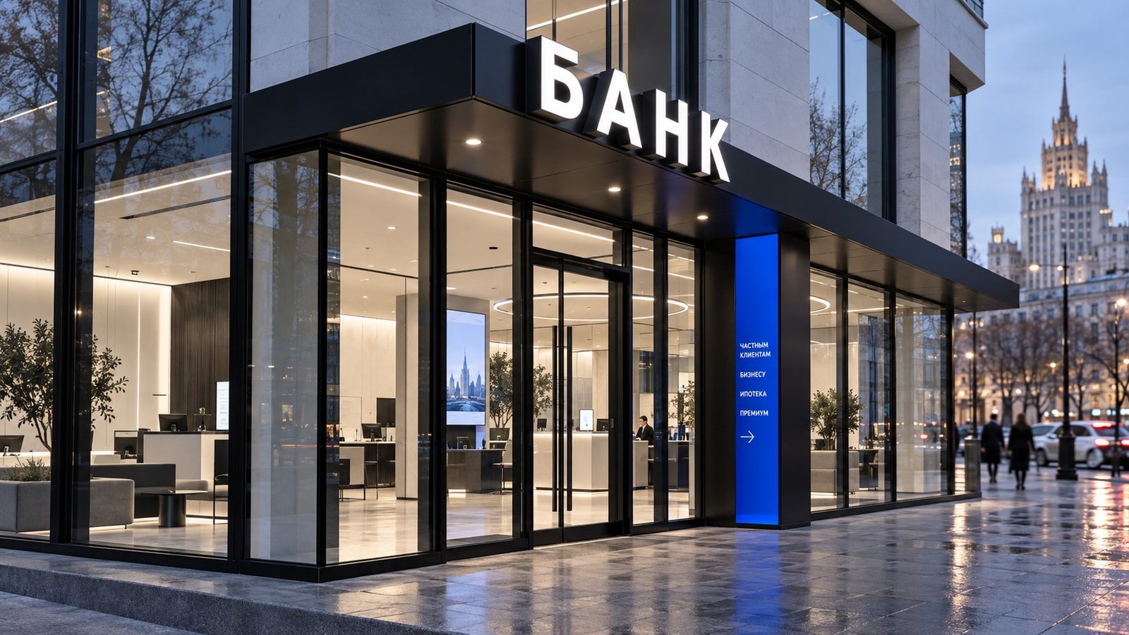 Вход условного банковского офиса с белыми световыми буквами и синей навигационной вертикалью
