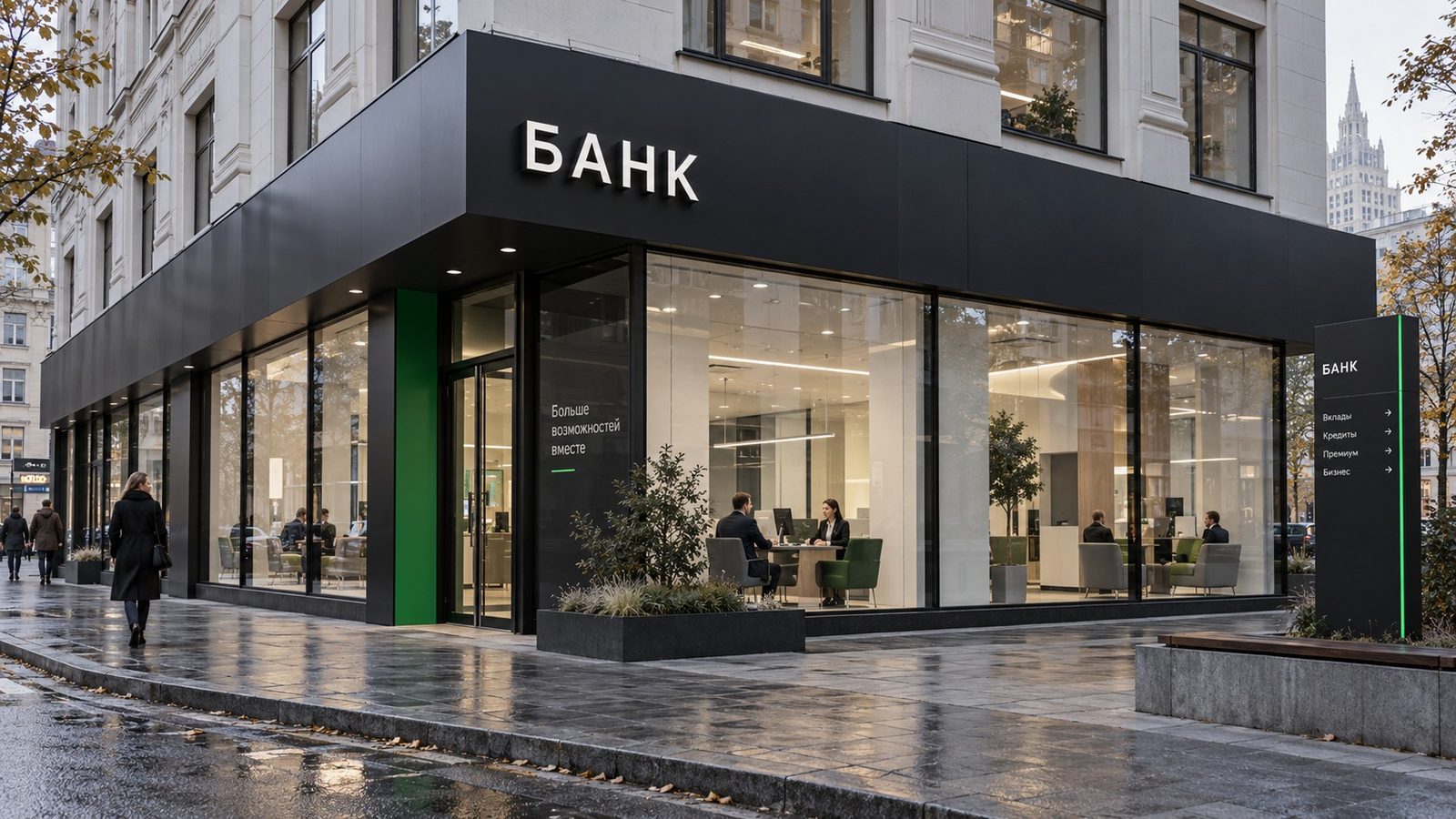 Угловой вход условного банка с чёрным фризом, белыми буквами и зелёными акцентами у двери и стелы