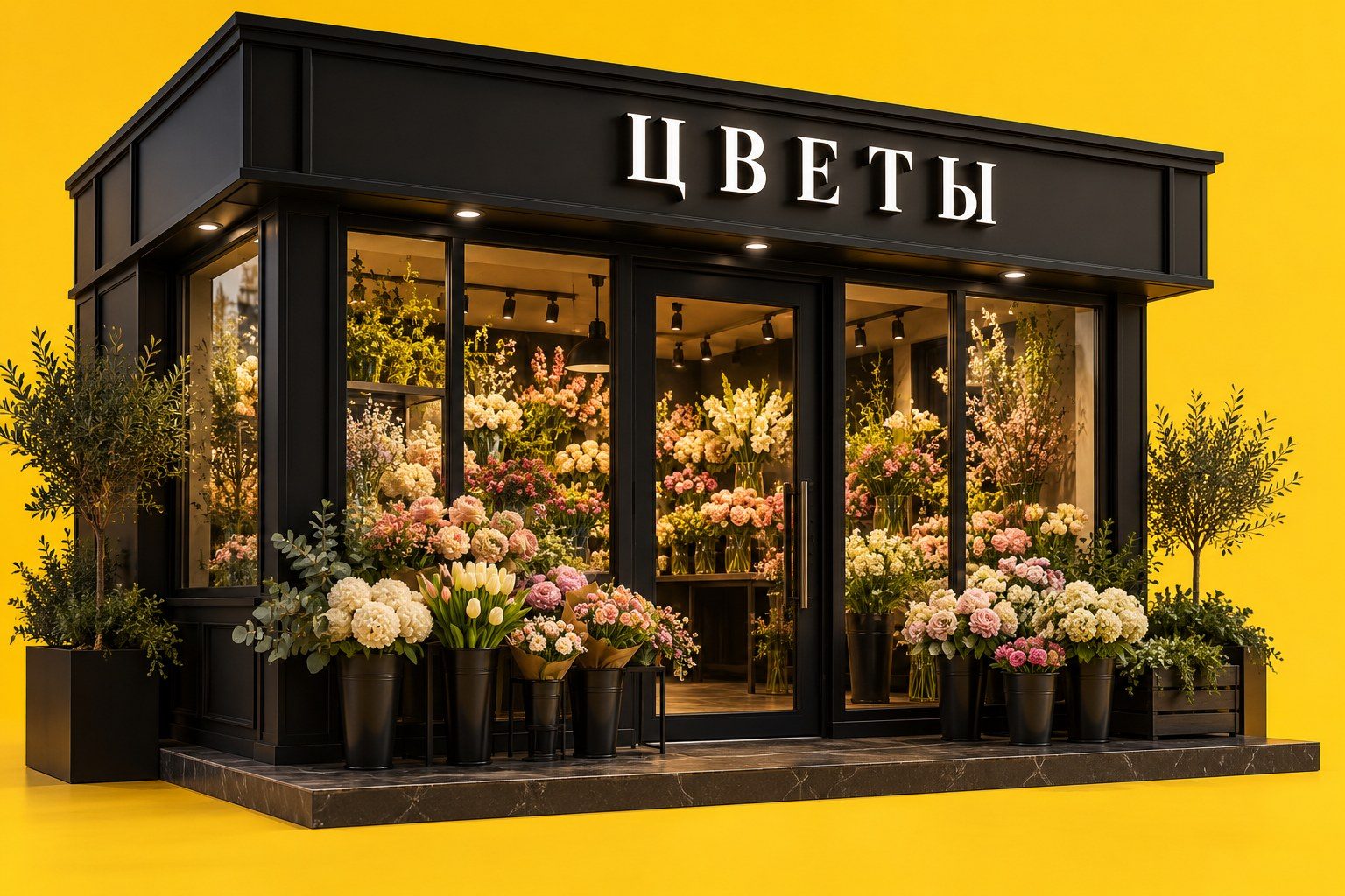 Цветочный магазин с вывеской «ЦВЕТЫ» и букетами в витринах