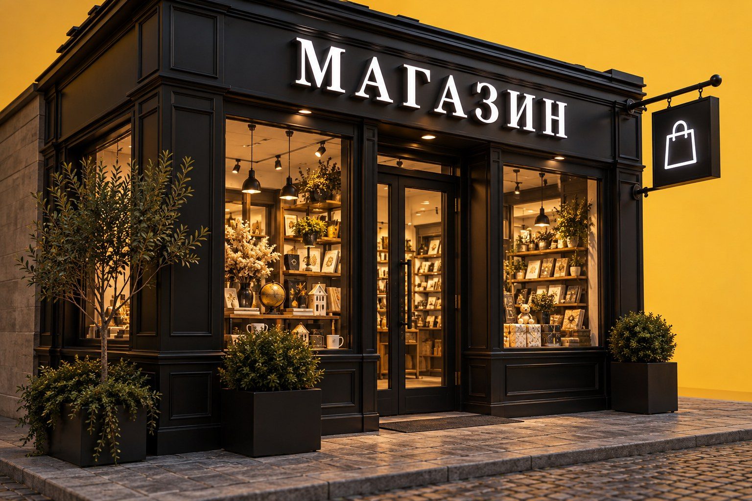 Магазин с небольшими световыми буквами «МАГАЗИН» и заполненными товаром витринами