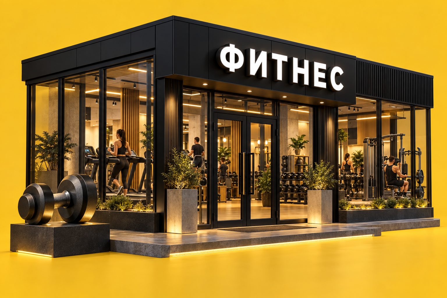 Концепт вывески фитнес-клуба: световые буквы «ФИТНЕС» над остеклённым залом с тренажёрами