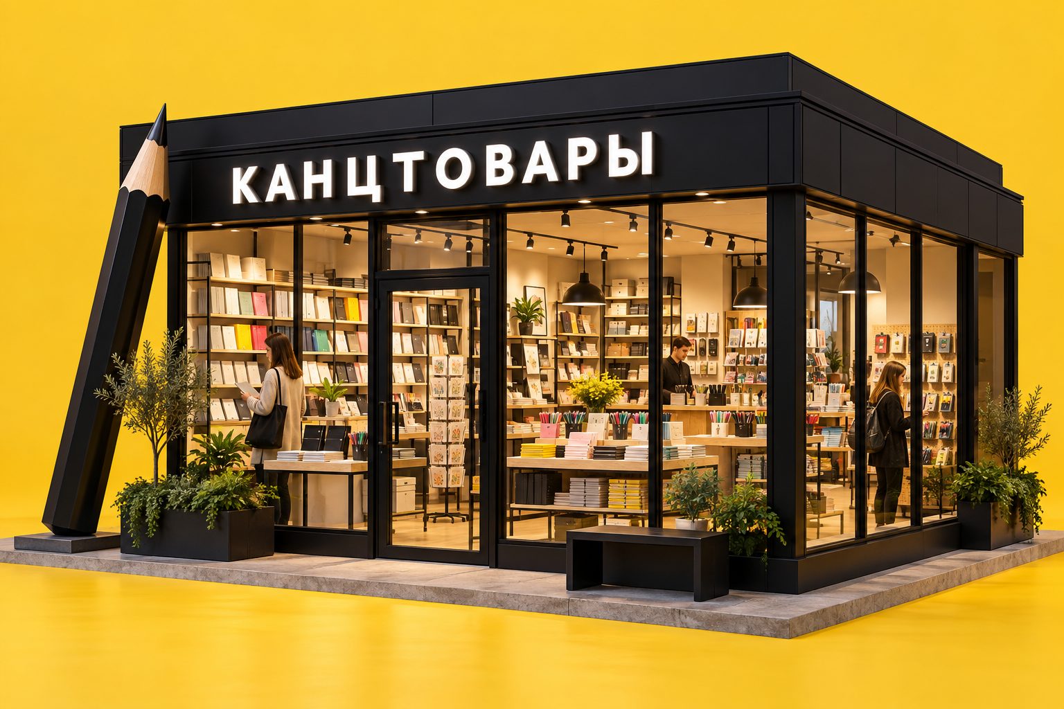 Концепт вывески магазина канцтоваров: световые буквы «КАНЦТОВАРЫ» и объёмный карандаш у фасада