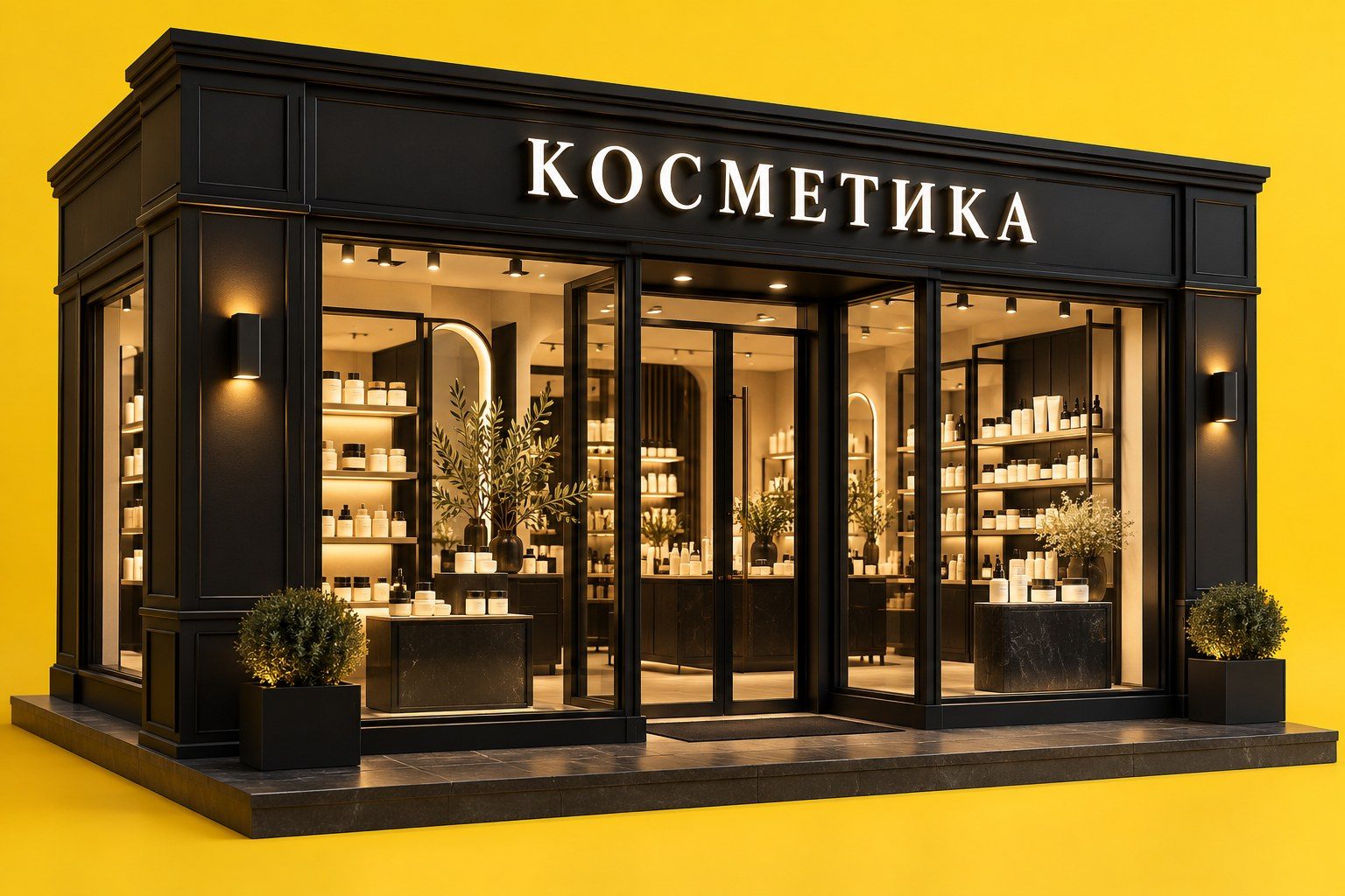 Магазин косметики со световой вывеской «КОСМЕТИКА» и товарными полками