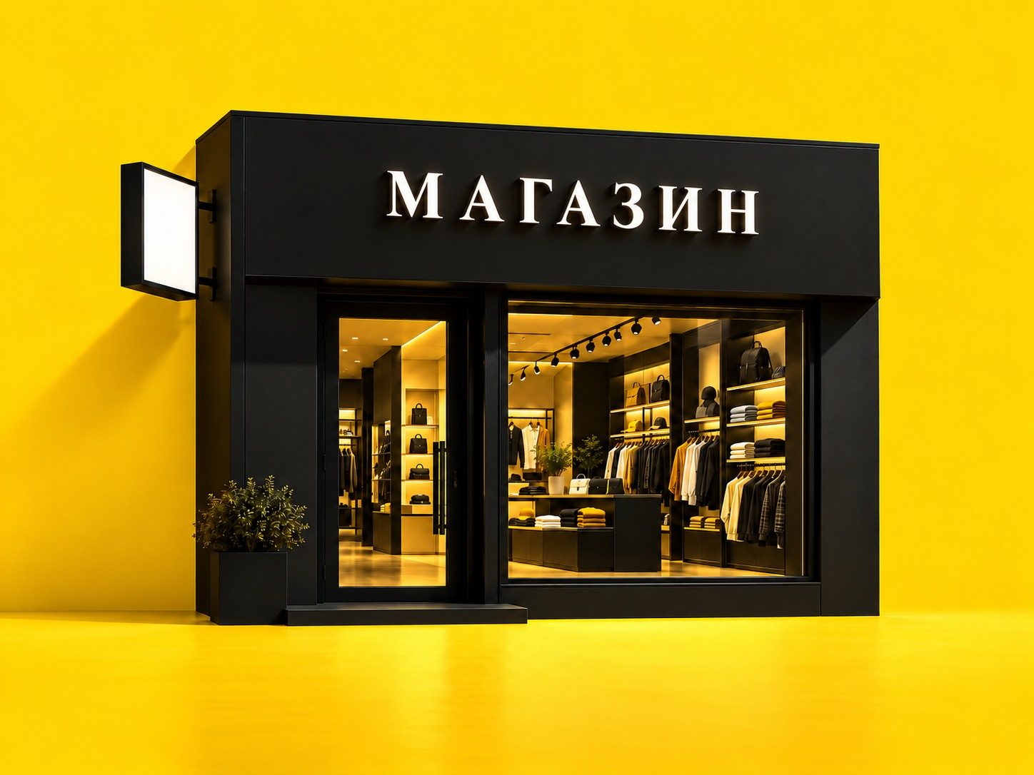 Фасад магазина с небольшими световыми буквами «МАГАЗИН» с засечками и заполненным торговым залом