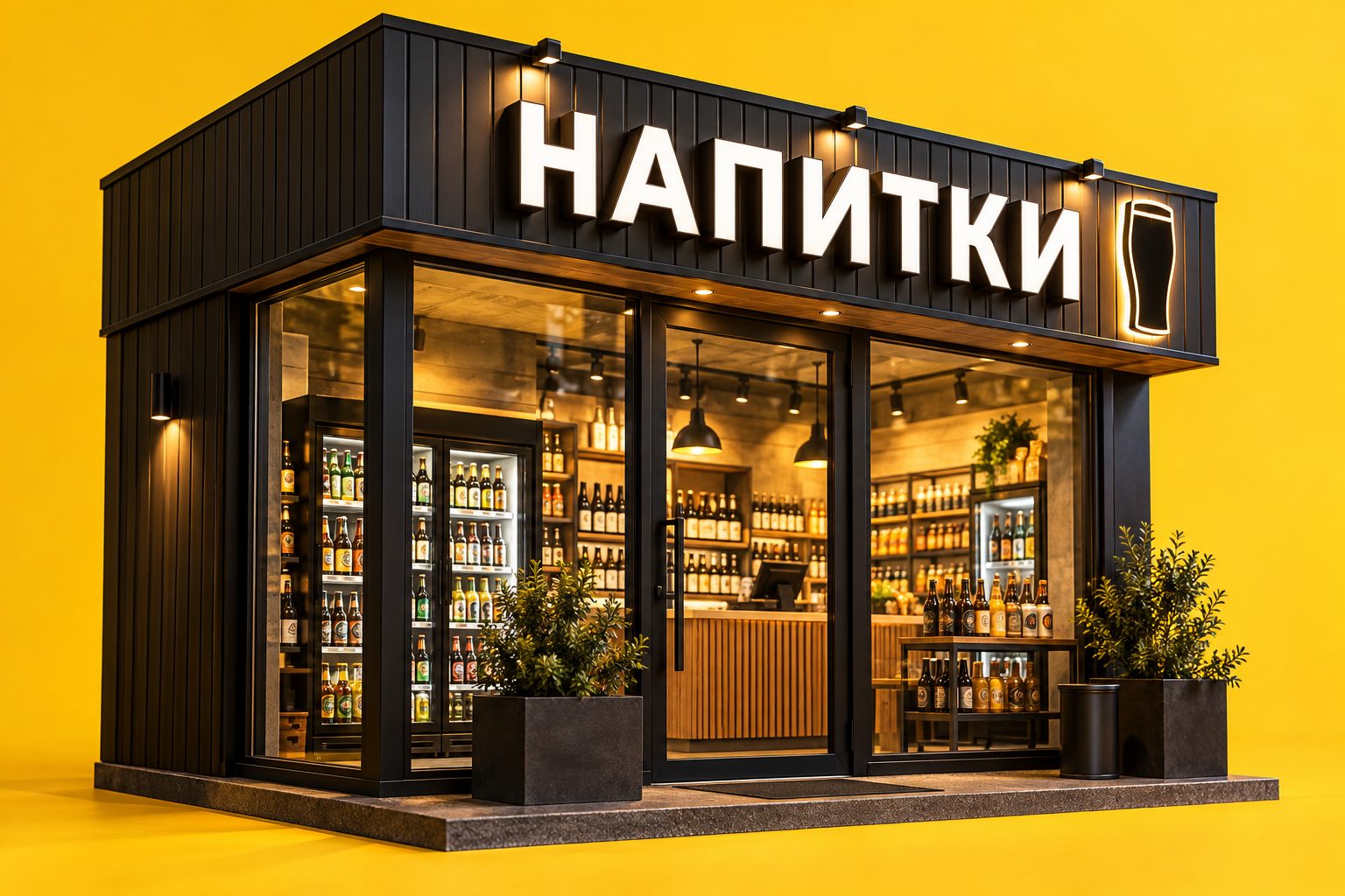 Концепт вывески магазина напитков: световые буквы «НАПИТКИ» и знак-бокал над витриной