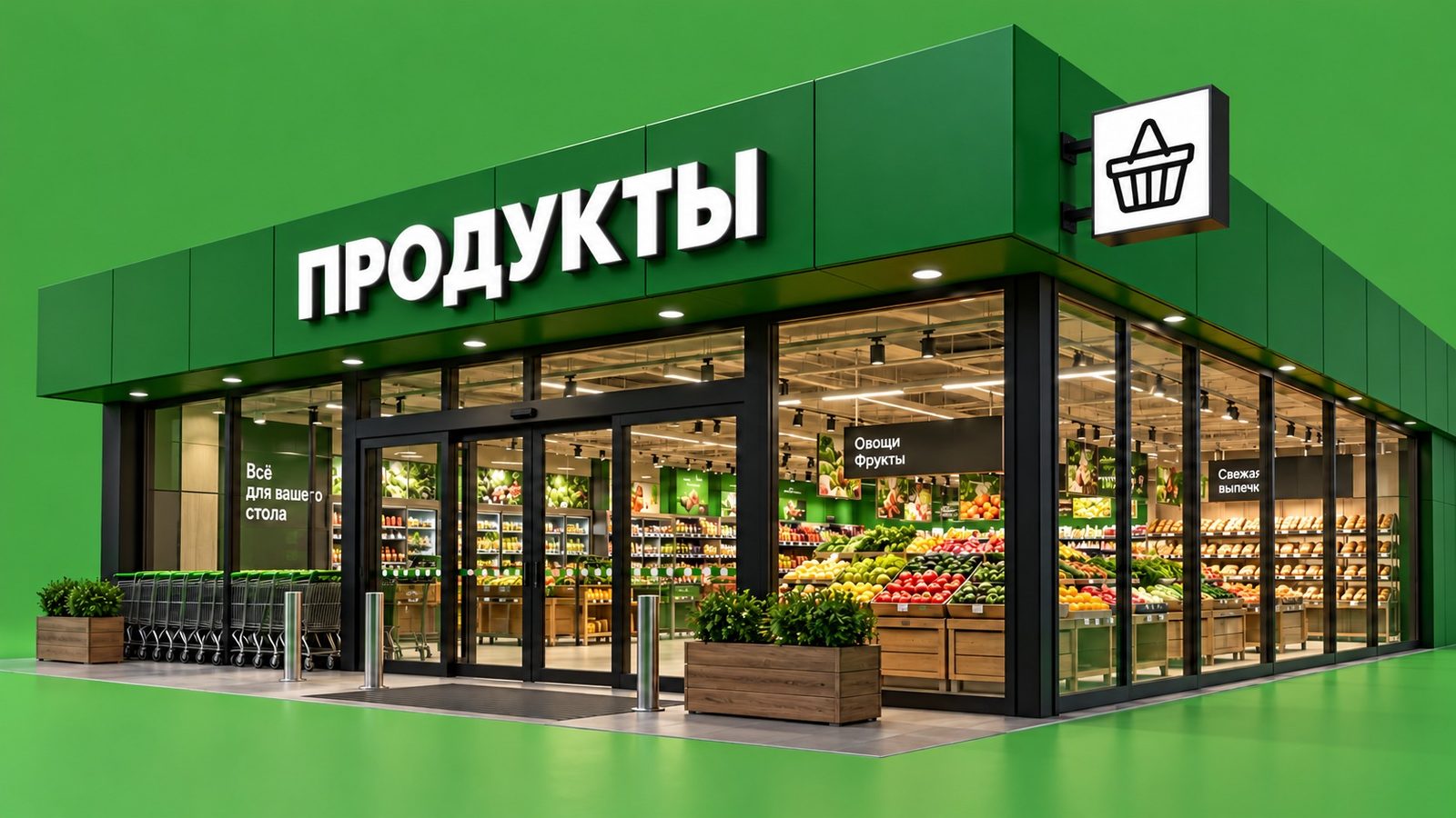 Угловой вид магазина с надписью «ПРОДУКТЫ», белой лицевой частью световых букв и консолью с пиктограммой корзины