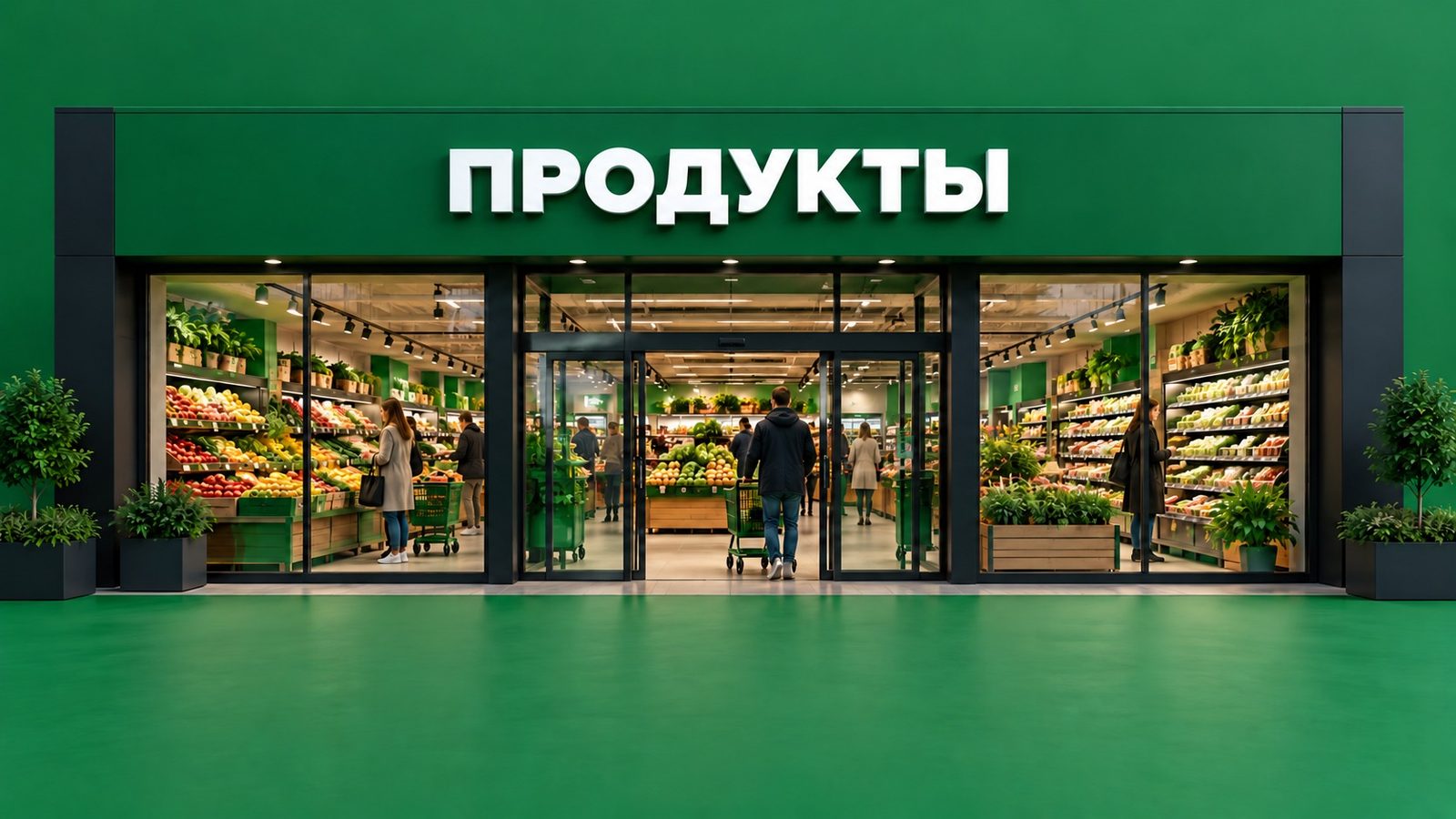 Прямой вид продуктового магазина с вывеской «ПРОДУКТЫ» на зелёном фасаде и заполненной товаром витриной