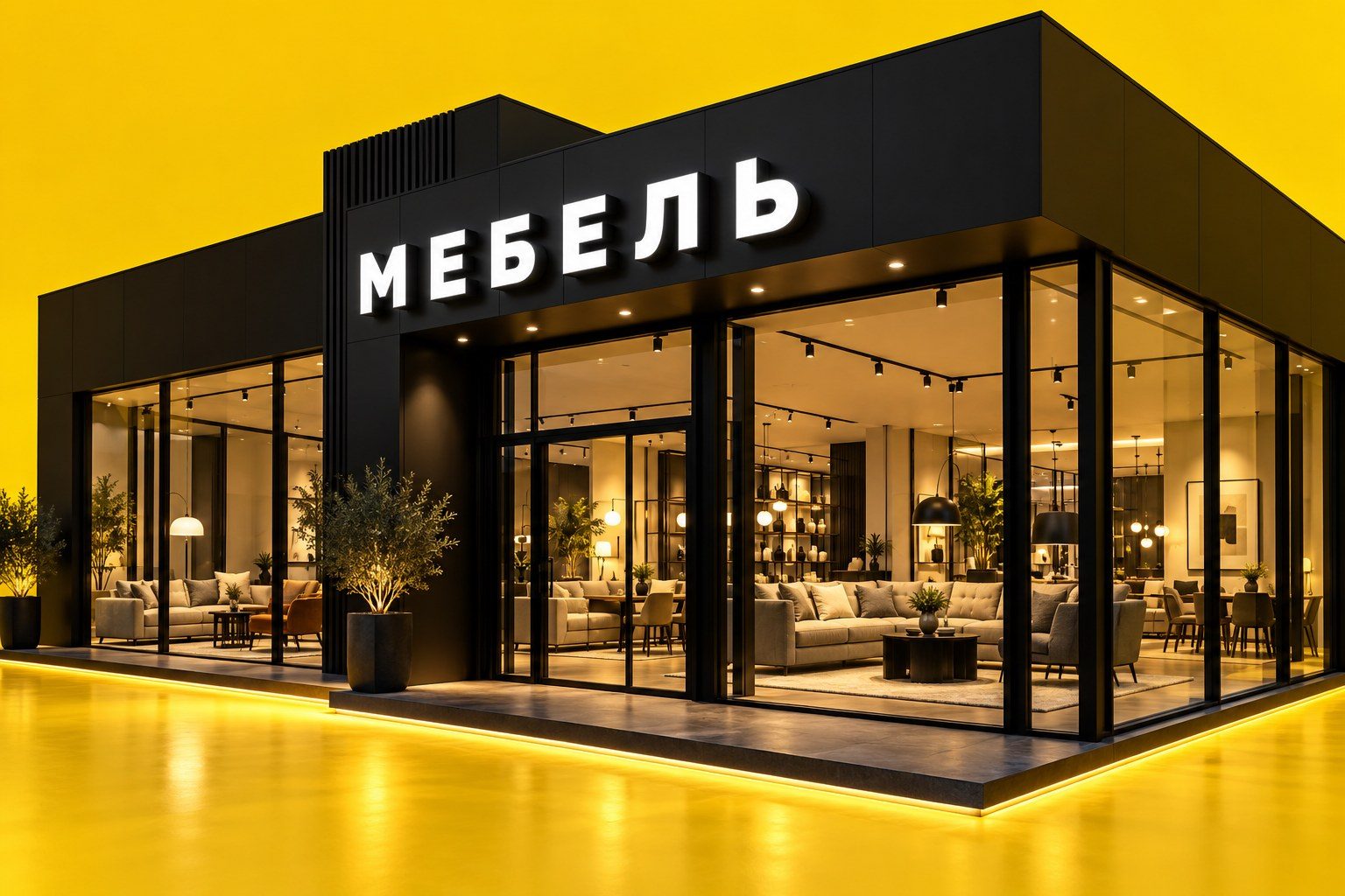 Мебельный магазин с вывеской «МЕБЕЛЬ» и обставленным залом за стеклом
