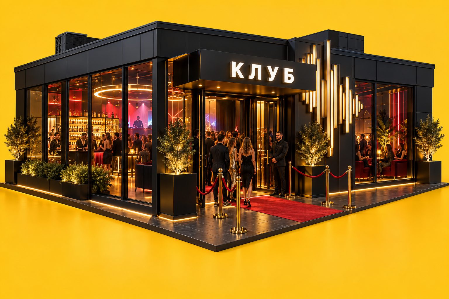 Концепт входа ночного клуба: световые буквы «КЛУБ», красная дорожка и подсвеченный вход