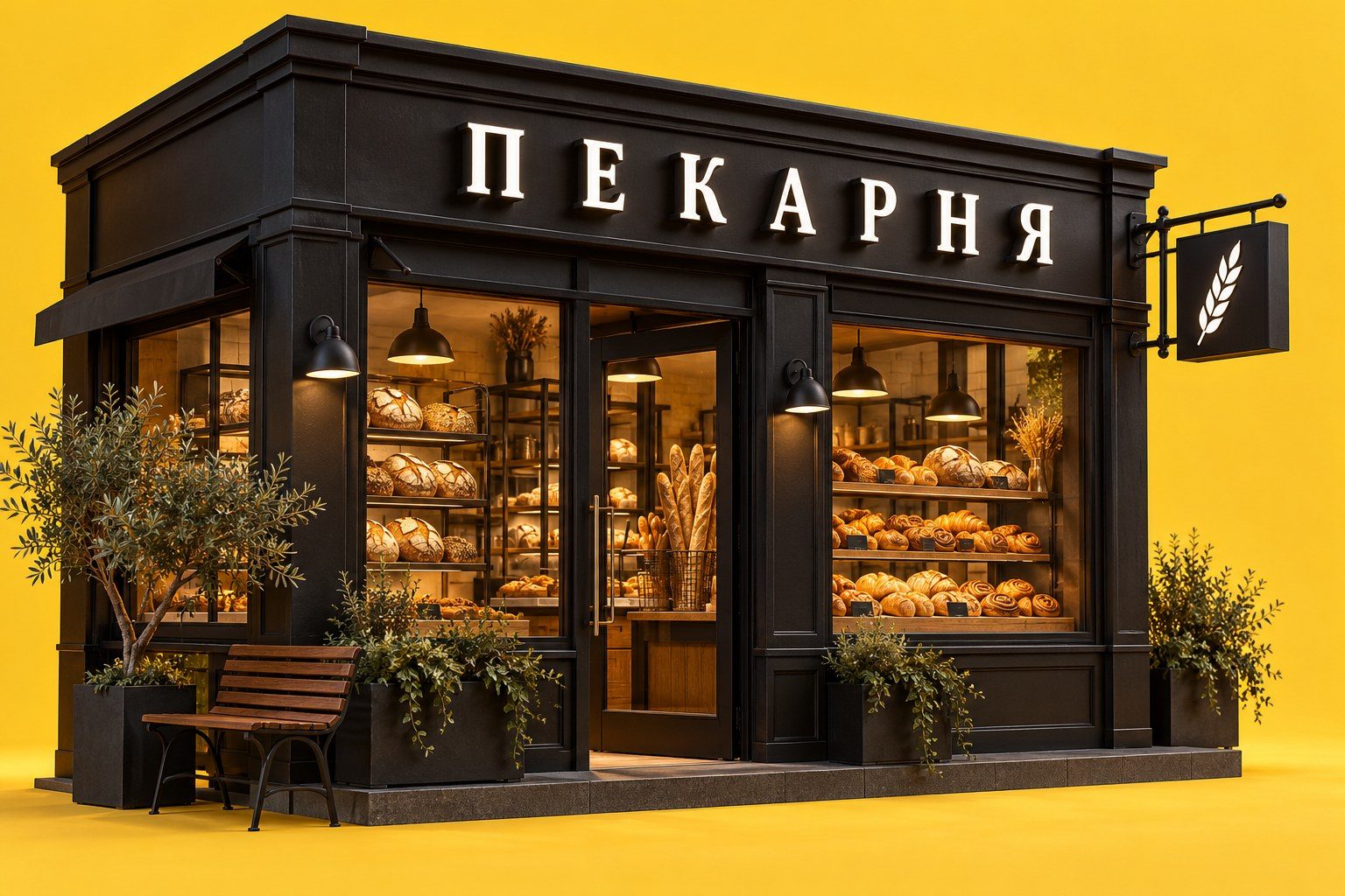 Пекарня с вывеской «ПЕКАРНЯ», консолью с колосом и заполненными хлебом витринами