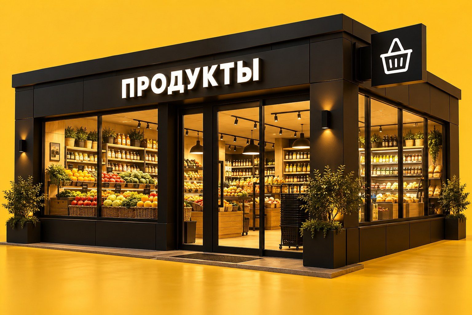 Продуктовый магазин с вывеской «ПРОДУКТЫ», корзиной на консоли и товарами в витрине