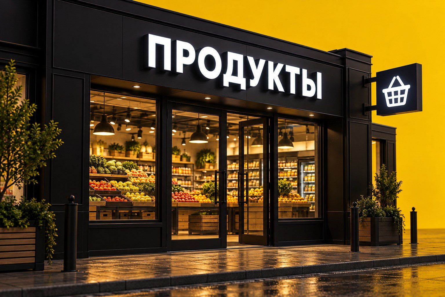 Продуктовый магазин с вывеской «ПРОДУКТЫ» и видимым через витрину ассортиментом