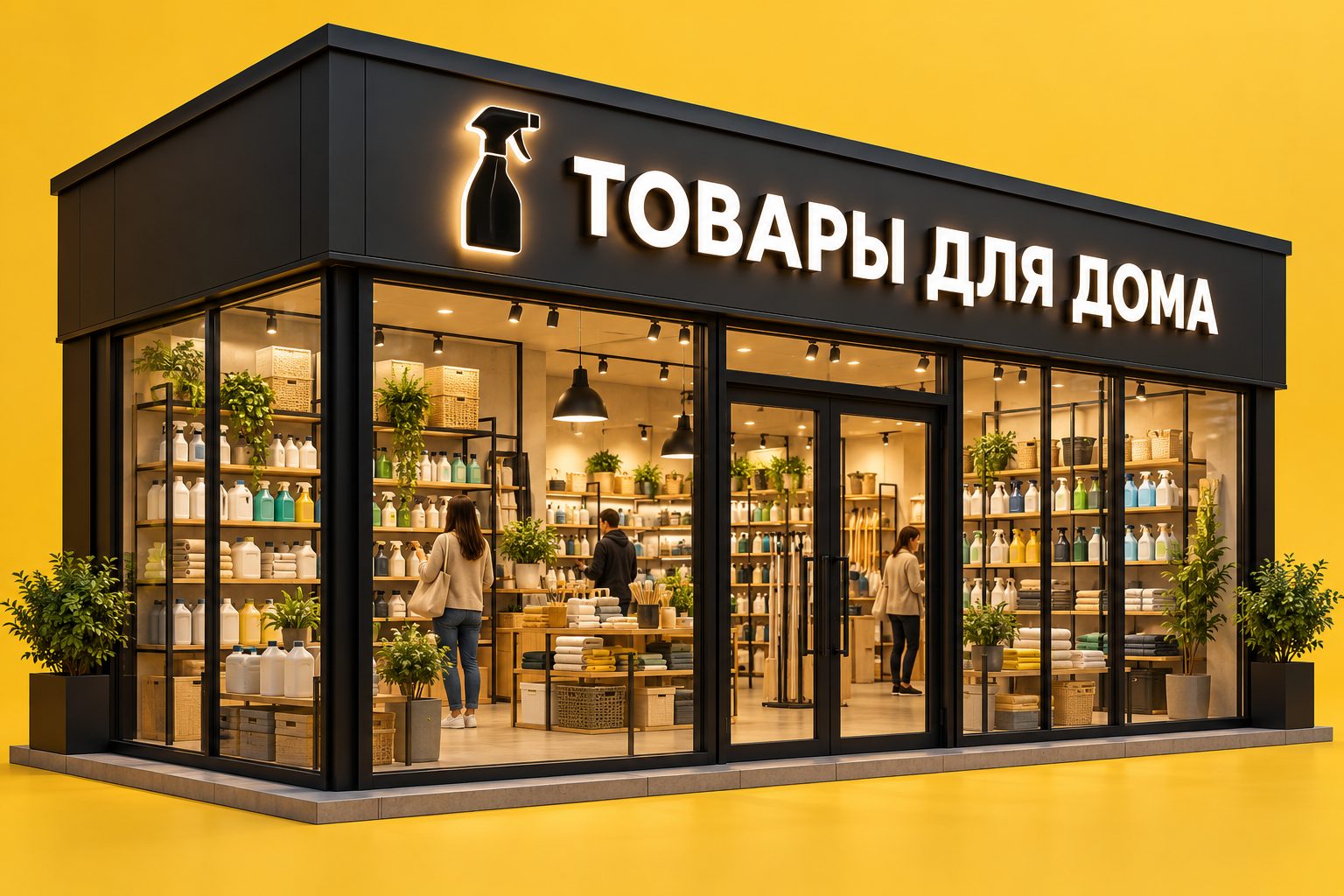 Концепт вывески магазина «ТОВАРЫ ДЛЯ ДОМА»: световые буквы и знак-флакон над витриной