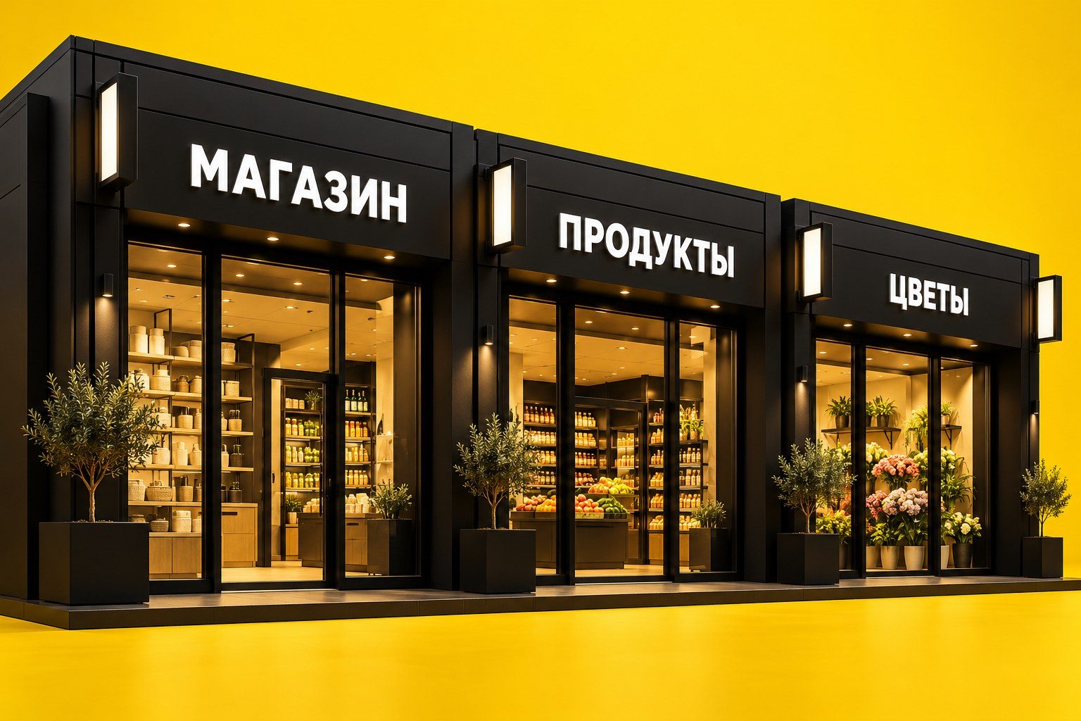 Три магазина с вывесками «МАГАЗИН», «ПРОДУКТЫ» и «ЦВЕТЫ» в единой системе оформления