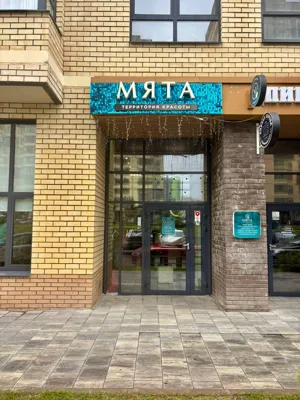 Вывеска салона красоты «Мята» с контражурной подсветкой над входом в помещение